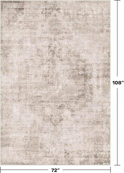 Neutral Farmhouse Area Rug for Bedroom - 6x9 Washable Rug for Dining Room Table, Ultra-Thin Soft Textured Boho Indoor Decor, Fade & Stain Resistant