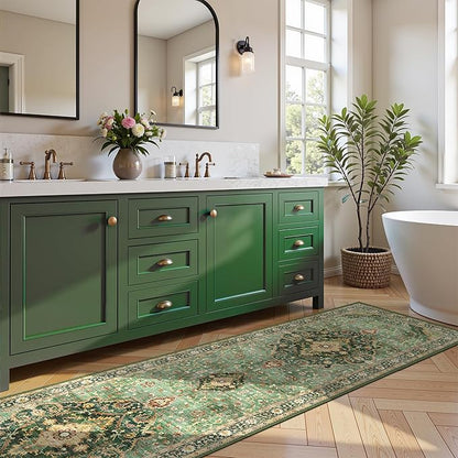 Deerly Green Runner Rug 3x10 Boho Washable Extra Long Rug for Hallway, Waterproof Large Kitchen Floor Rug, Non-Slip Stain & Fade Resistant, Vintage Floral Decor