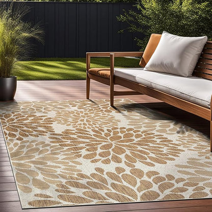 Beverly Rug Outdoor Rug 6x9 Modern Exotic Tropical Leaf Area Rugs for Indoor and Outdoor Patio Deck Porch Garden Water Resistant Washable Outside Carpet (6 x 9 Beige)