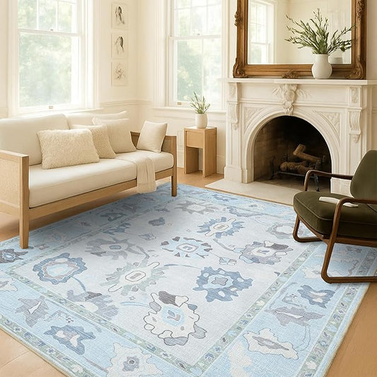 Fame Living Cream Blue Oushak Rug, Modern, Vintage, Turkish, Eclectic, Floral, Pastel, Washable, Extra Large Area Rugs for Living Room, Dining, Bedroom, Lounge, 9'x12'