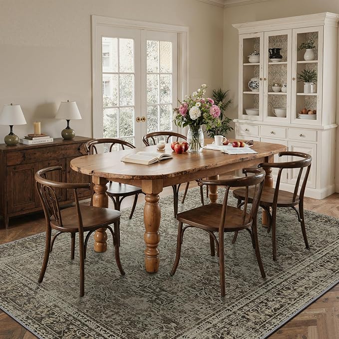 6x9 Area Rug Machine Washable Boho Rug for Living Room,Ultra-Thin Low Pile Carpet,Lightweight Indoor Printed Rug,Non Slip Floral Area Rug for Bedroom, Dining Room, Home Office,Vintage Sage Green