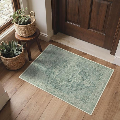 Area Rug 2x3 Doormat, Machine Washable Low Pile Vintage Rugs, Small Lightweight Rug Entryway Indoor Mat for Entrance, Hallway, Kitchen and Corridor, Green
