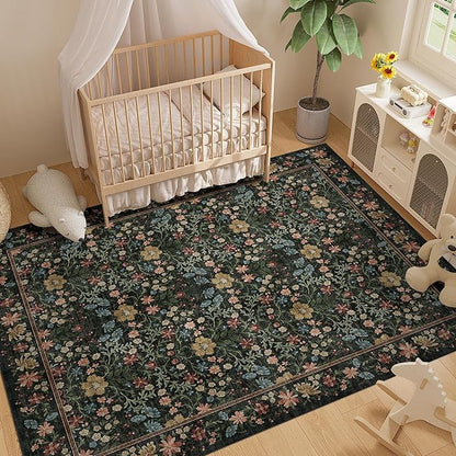 DUKINO 8x10 Area Rugs for Living Room, Vintage Floral Washable Rug with Non Slip Backing, Soft Low Pile & Non-Shedding Large Carpets for Bedroom, Farmhouse, Dining Room, Home Office, Black