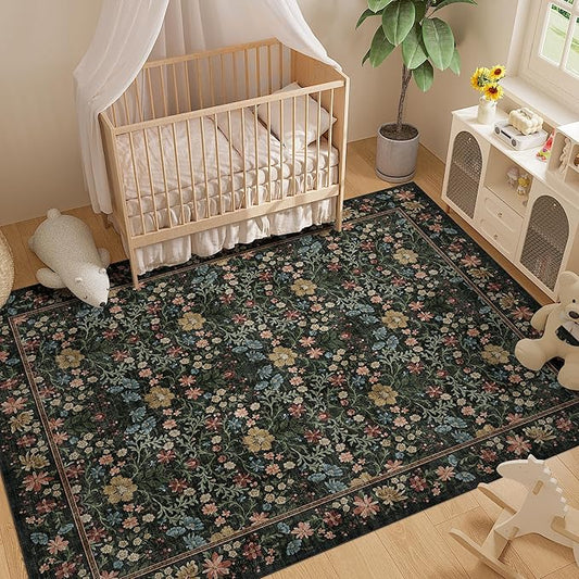 DUKINO 8x10 Area Rugs for Living Room, Vintage Floral Washable Rug with Non Slip Backing, Soft Low Pile & Non-Shedding Large Carpets for Bedroom, Farmhouse, Dining Room, Home Office, Black