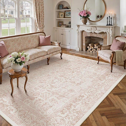 Pink Area Rug 9x12 Machine Washable Large Vintage Living Room Distressed Non Slip Carpet Traditional Indoor Bedroom Retro Floral Accent Throw Rug for Office Kitchen Dining Room