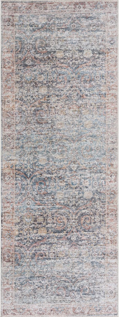 Bloom Rugs Caria Washable Non-Slip 10 ft Runner - Ocean Blue/Brick Traditional Runner for Entryway, Hallway, Bathroom, and Kitchen - Exact Size: 2'6" x 10'