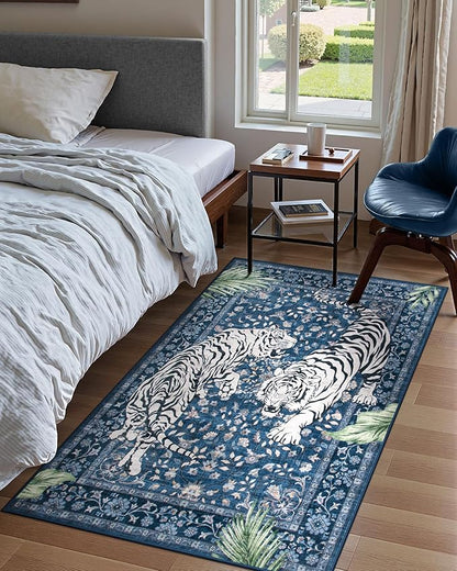 Moynesa Tiger Machine Washable Rug, 3x5 Entry Area Rug Non Slip Vintage Soft Rug for Living Room, Ultra Thin Boho Stain Resistant Kitchen Throw Mat for Entrance Bedside, Blue