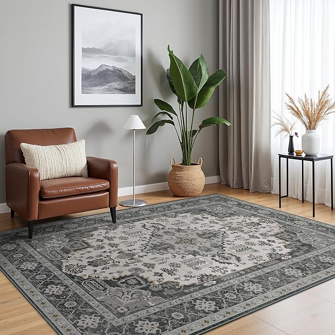 Bavni Vintage 5x7 Area Rugs, Boho Oriental Living Room Rug, Machine Washable Rug Non Slip, Distressed Print Indoor Large Black Rugs, Low Pile Ultra-Thin Soft Carpet for Bedroom, Dining Room, Farmhouse