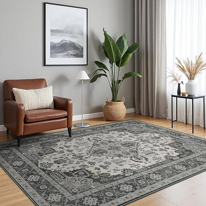Bavni Vintage 5x7 Area Rugs, Boho Oriental Living Room Rug, Machine Washable Rug Non Slip, Distressed Print Indoor Large Black Rugs, Low Pile Ultra-Thin Soft Carpet for Bedroom, Dining Room, Farmhouse
