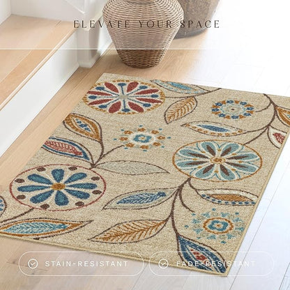 Maples Rugs Reggie Floral Kitchen Rug - Made in USA - Washable, Non Slip Indoor Carpet for Entryway, Foyer, Kitchen, and Bathroom, 2'6 x 3'10, Beige