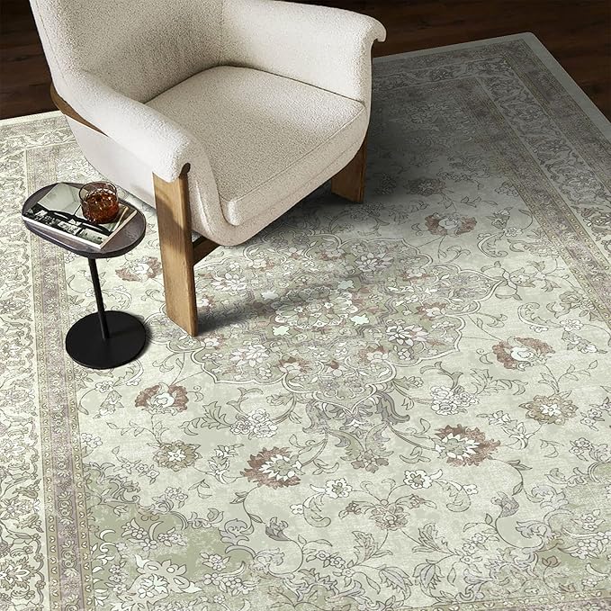 vivorug 4x6 Rug, Small Area Rug for Living Room, Bedroom, Kitchen, Machine Washable Non-Slip Throw Rug, Vintage Floral Carpet for Entryway Nursery Coffee Table - Durable (Sage Green)