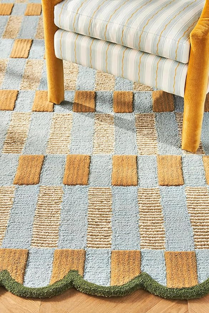 Hand-Tufted Wool Rug with Scalloped Edges, Light Blue Plaid Pattern, Cozy Soft Area Rug for Living Room, Bedroom, and Nursery, Handmade Modern Accent Rug, 8x12 Ft