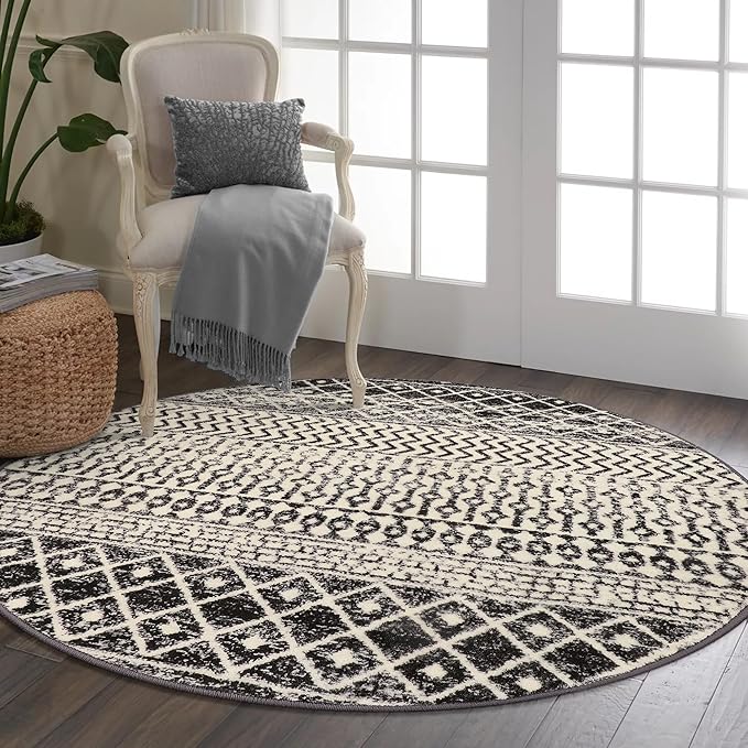 Moroccan Washable Round Area Rug, 4ft Non-Slip Distressed Black Area Rug for Bedroom, Soft Non-Shedding Circle Rug Bedside Carpet for Living Room Dining Room Bedroom