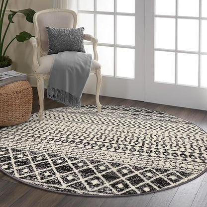 Moroccan Washable Round Area Rug, 4ft Non-Slip Distressed Black Area Rug for Bedroom, Soft Non-Shedding Circle Rug Bedside Carpet for Living Room Dining Room Bedroom