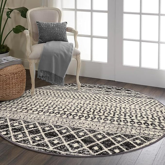 Moroccan Washable Round Area Rug, 4ft Non-Slip Distressed Black Area Rug for Bedroom, Soft Non-Shedding Circle Rug Bedside Carpet for Living Room Dining Room Bedroom