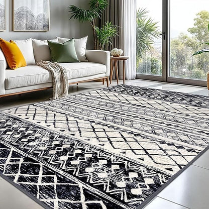 KUTA Moroccan 8x10 Area Rugs Black Navy Blue, Washable Boho Living Room Rug Non-Slip, Ultra Soft Geometric Print Tribal Traditional Farmhouse Carpet for Dining Bedroom Dorm Office Home Decor