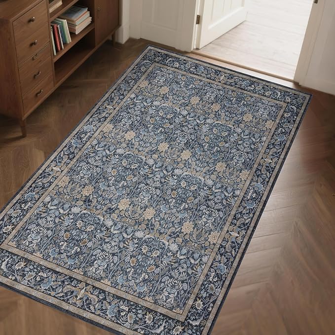 Washable Living Room Rug: 3x5 Boho Floral Soft Area Rug for Bedroom Decor - Vintage Low Pile Thin Carpet for Dining Room Non-Slip - Farmhouse Stain Resistant Rugs - Slate Blue