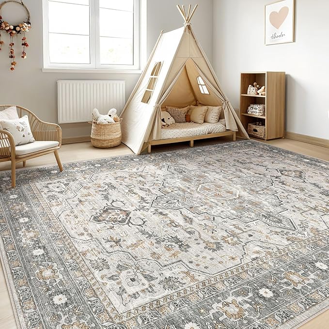 9x12 Area Rug Living Room: Washable Boho Large Neutral Vintage Soft Rugs Stain Resistant Distressed Farmhouse Non-Slip Indoor Floor Carpet for Bedroom Nursery Kids Office Dining Room- Taupe