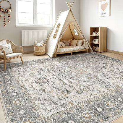 9x12 Area Rug Living Room: Washable Boho Large Neutral Vintage Soft Rugs Stain Resistant Distressed Farmhouse Non-Slip Indoor Floor Carpet for Bedroom Nursery Kids Office Dining Room- Taupe