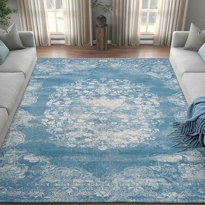 jinchan Washable Area Rug 6x9 for Living Room Soft Faux Wool Ultra-Thin Stain Resistant Non-Slip Distressed Vintage Floral Rug Large Carpet for Bedroom, Dining Room, Home Office, Nursery(Blue, 6'x9')