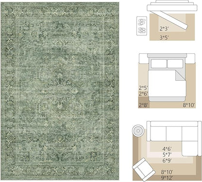 Fmfunctex 2x6 Runner Rug Green Vintage Neutral Washable Distressed Oriental Non Slip Low Pile Indoor Carpet Retro Hallway Entryway Rug for Kitchen Living Room Bedroom Bathroom Laundry Entrance Bedside