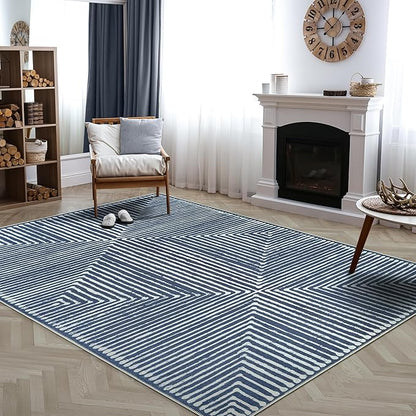 Bloom Rugs Washable Non-Slip 8' x 10' Rug - Blue Striped Area Rug for Living Room, Bedroom, Dining Room, and Kitchen - Exact Size: 8' x 10'