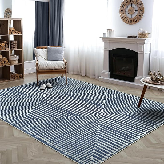 Bloom Rugs Washable Non-Slip 8' x 10' Rug - Blue Striped Area Rug for Living Room, Bedroom, Dining Room, and Kitchen - Exact Size: 8' x 10'
