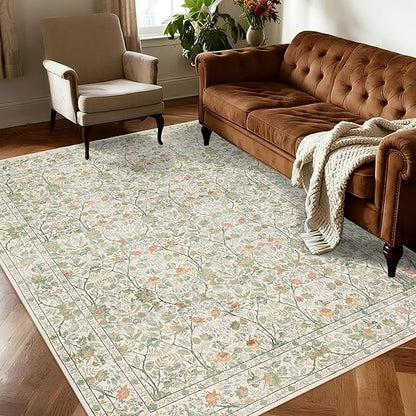 Washable Living Room Rug: 5x7 Boho Floral Soft Area Rug for Bedroom Decor - Vintage Low Pile Thin Carpet for Dining Room Non-Slip - Farmhouse Stain Resistant Rugs - Beige Green