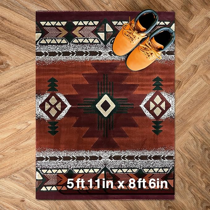 YHSF South West Native American Area Rug C318 - Easy Clean, Thick, Soft, Durable Native Tribal American Indian Inspired Rug for Bedroom/Living Room and More - Rust, 5 Feet 11 Inches x 8 Feet 6 Inches