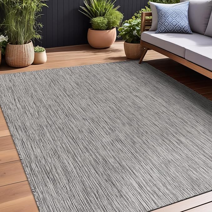 Beverly Rug Indoor Outdoor Rug 10x14, Washable Outside Carpet for Patio, Deck, Porch, Solid Modern Area Rug, Water Resistant, Silver Gray