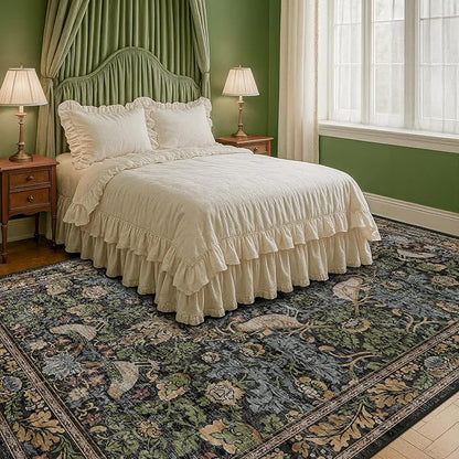 Washable Living Room Rug 7x9 - Dark Floral Nature Rugs for Bedroom, Dining Room Kitchen Table Rug for Under Table, Office, Stain Resistant Non-Slip Large - Brown/Dark Green