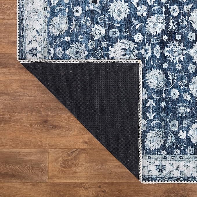Bloom Rugs Washable Non-Slip 3' x 5' Rug - Dark Blue Traditional Bordered Area Rug for Living Room, Bedroom, Dining Room, and Kitchen - Exact Size: 3' x 5'