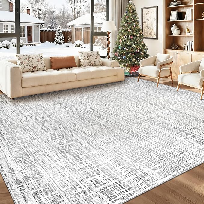 9x12 Area Rugs for Living Room, Washable Large Area Rug Neutral Modern Abstract Bedroom Rug Soft Non Slip Low Pile Stain Resistant Indoor Carpet for Kids Playroom Dining Room Office(Grey, 9'x12')