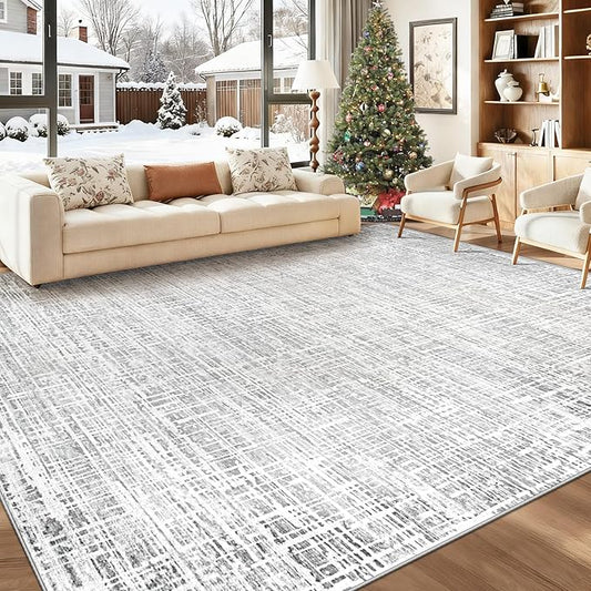 9x12 Area Rugs for Living Room, Washable Large Area Rug Neutral Modern Abstract Bedroom Rug Soft Non Slip Low Pile Stain Resistant Indoor Carpet for Kids Playroom Dining Room Office(Grey, 9'x12')