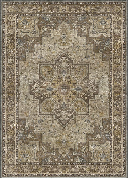 GENIMO 6x9 Area Rugs for Living Room, Machine Washable Non Slip Vintage Rugs, Low Pile Lightweight Chenille Print Rug for Bedroom, Dining Room, Home Office, Rustic Brown