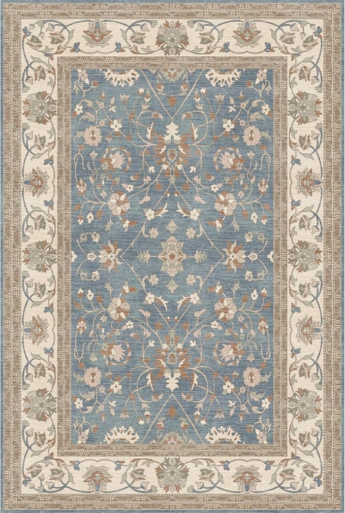 Kuden 10x14 Large Area Rug, Machine Washable Area Rug with Non-Slip Backing, Vintage Style, Soft, Easy Clean, Low Pile Rug for Living Room, Bedroom, Dining Room