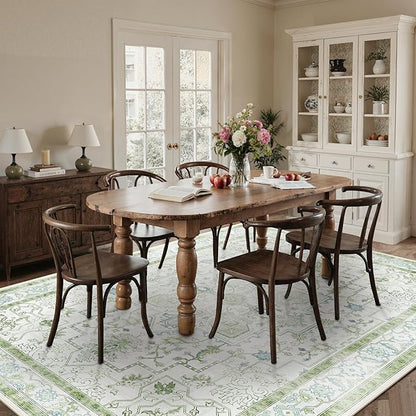 8x10 Area Rugs for Living Room, Machine Washable Non Slip Vintage Rugs, Low Pile Lightweigt Print Indoor Rug for Bedroom, Dining Room, Home Office, Cream Green