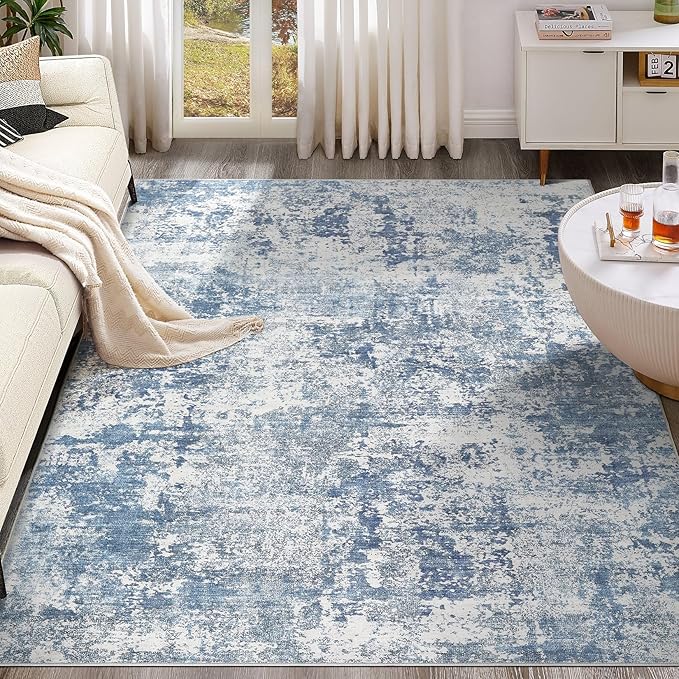 6x9 Area Rug Living Room Rugs - Washable Neutral Modern Abstract Soft Thin Rug Indoor Floor No Slip Rug Carpet for Bedroom Under Dining Table Home Office Decor - Blue White