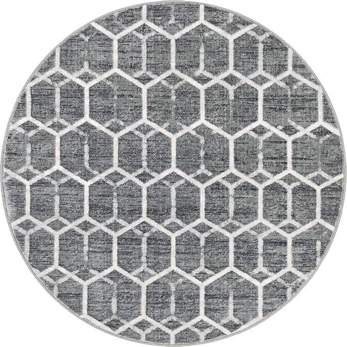 Rugs.com Lattice Trellis Collection Rug – 5 Ft Round Gray Low-Pile Rug Perfect for Kitchens, Dining Rooms