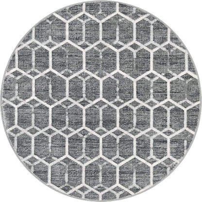 Rugs.com Lattice Trellis Collection Rug – 5 Ft Round Gray Low-Pile Rug Perfect for Kitchens, Dining Rooms