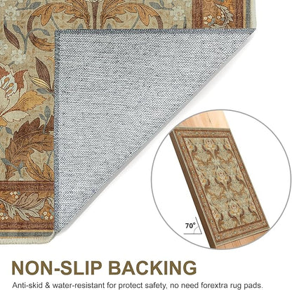 Bavni 8x10 Area Rugs for Living Room, Microfiber Machine Washable Non-Slip Vintage Floral Rug, Low Pile Lightweight Carpet for Bedroom, Dining Room, Home Office, Beige & Terracotta