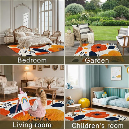 Boho Orange Flowers Autumn Carpet for Living Room, 5x7 Non-Slip Washable Low Pile Abstract Design Rug, Space Saving Area Rug for Bedroom, Dining Room