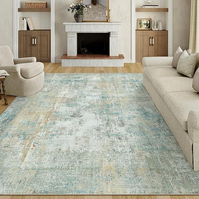 10x14 Area Rug Teal Beige Abstract Living Room Bedroom Washable Carpet Neutral Modern Non-Slip Soft Low Pile Lightweight Vacuumable Large Throw Rug for Dining Room
