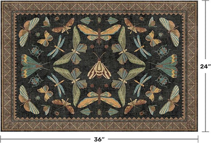Small Black Entryway Rug - 2x3 Front Door Rug Indoor Entrance, Small Carpet for Kitchen Floor, Bathroom, Powder Room, Washable Low Pile Non Slip, Insect Print Home Décor