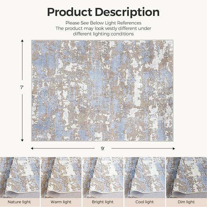 WITSHOCK Abstract Dining Room Rugs for Under Table: 7x9 Washable Blue Area Rug for Living Room, Low Pile Non-Slip Rugs for Bedroom Under Bed - Neutral Modern Decor & Stain Resistance - Blue/Multi