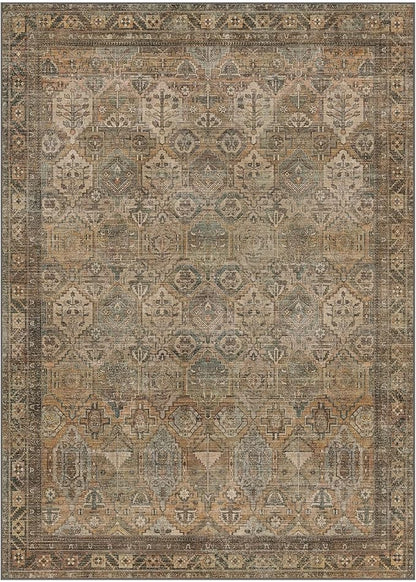 Bavni Washable Rug 10x14 Area Rug for Living Room Bedroom Dining, Washable Vintage Print Carpet, Ultra-Thin Chenille Low Pile Lightweight Rug with Non Slip Backing, Warm Taupe