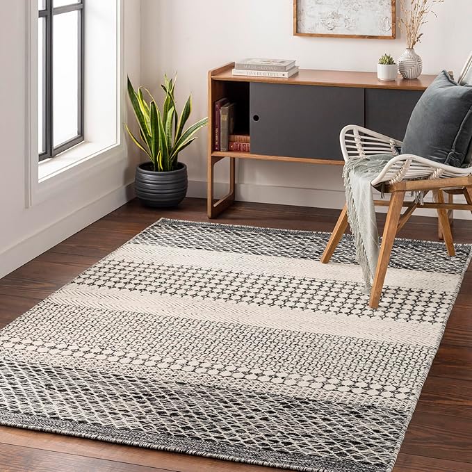 Mark&Day Wool Rugs, 6x9 Tervoort Global Black Area Rug, Blue Beige Carpet for Living Room, Bedroom or Kitchen (6' x 9')