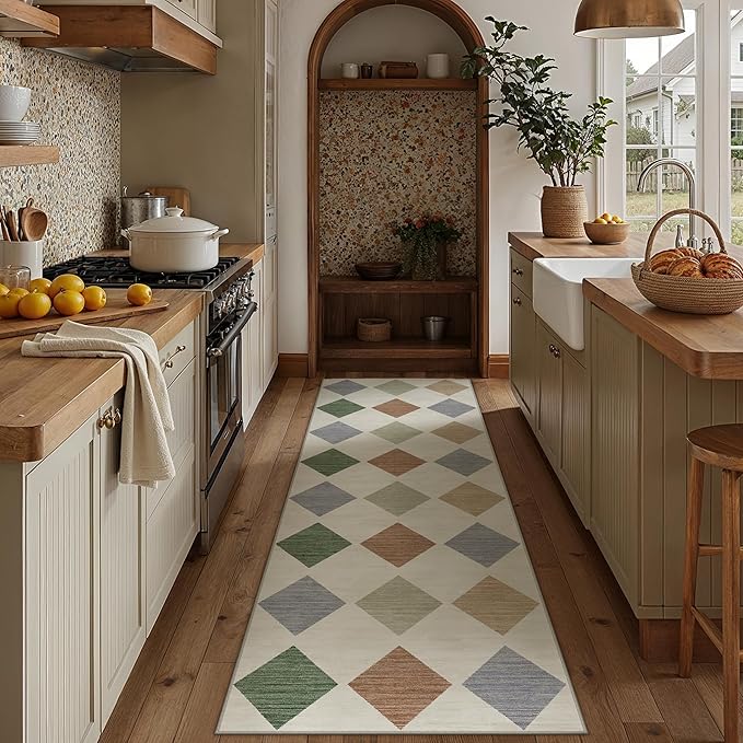 3x8 Runner Checkered Rug for Hallways Colorful Washable Long Carpet Non-Slip Low Pile Boho Indoor Accent Throw Rug for Entrance Kitchen Bedroom Dining Laundry