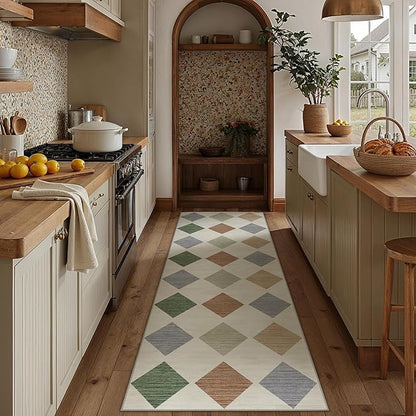 3x8 Runner Checkered Rug for Hallways Colorful Washable Long Carpet Non-Slip Low Pile Boho Indoor Accent Throw Rug for Entrance Kitchen Bedroom Dining Laundry