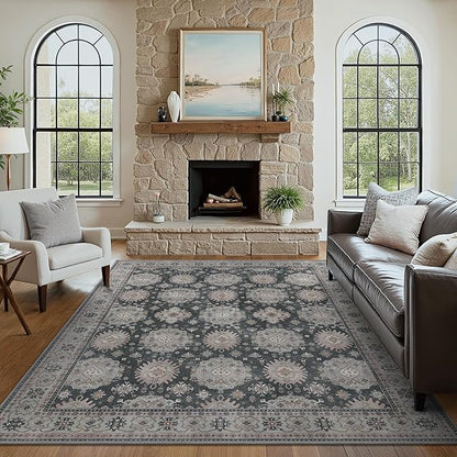 5x7 Area Rug Machine Washable Boho Rug for Living Room,Ultra-Thin Low Pile Carpet,Lightweight Indoor Printed Rug,Non Slip Floral Area Rug for Bedroom, Dining Room, Home Office,Black
